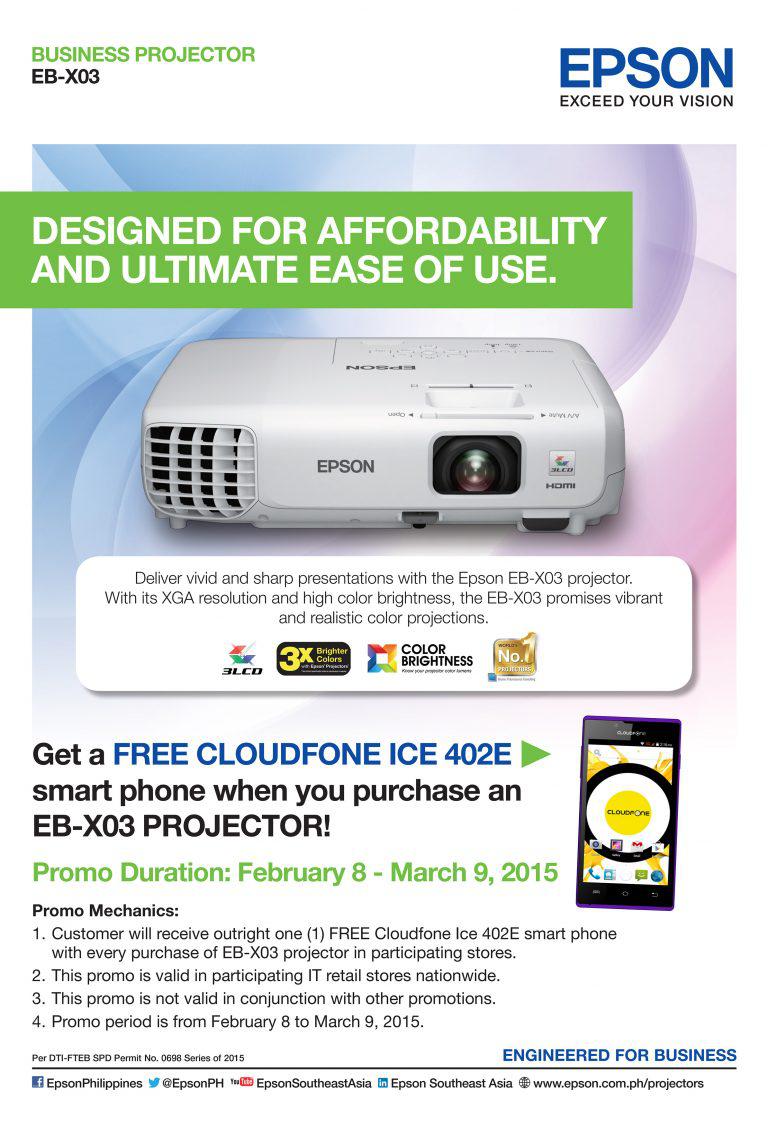 Purchase an Epson EB-X03 projector and get a CloudFone ICE 402E for free!
