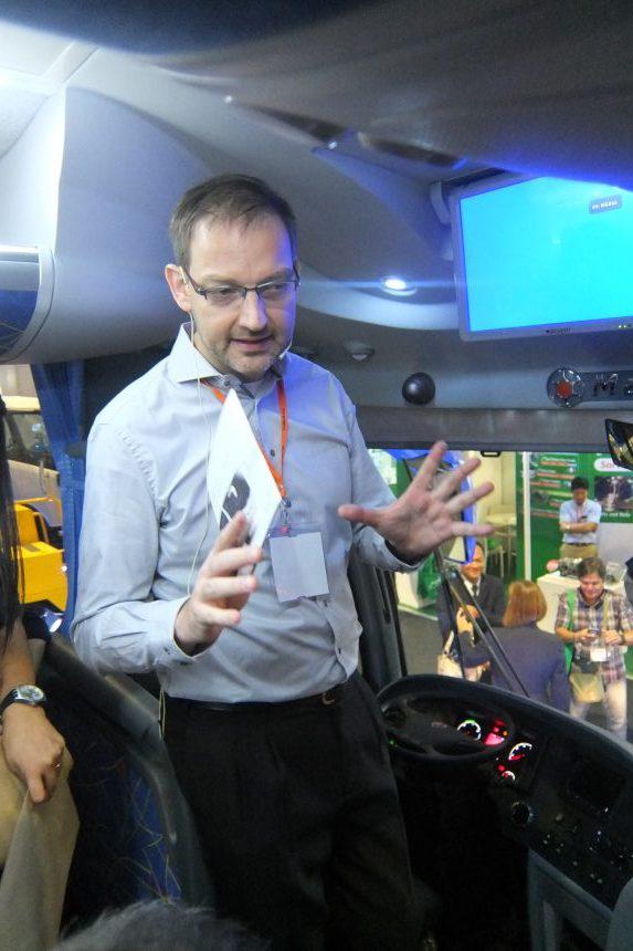 Scania Southeast Asia's Pre-Sales Director Tom Kuiphuis takes the guests through the key features of the coach.