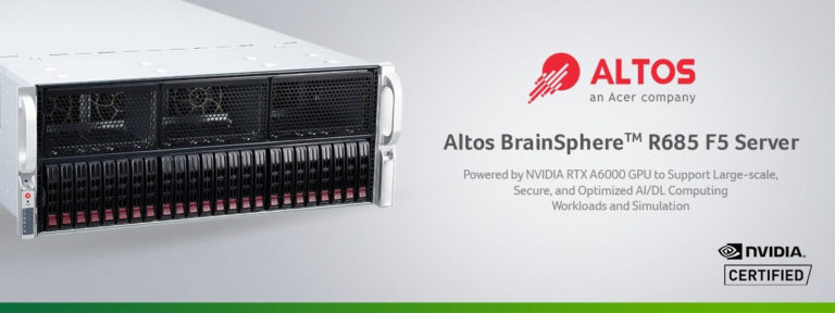 Altos BrainSphere R685 F5 server powered by NVIDIA RTX A6000 GPU for large-scale AI/DL computing workloads and simulation